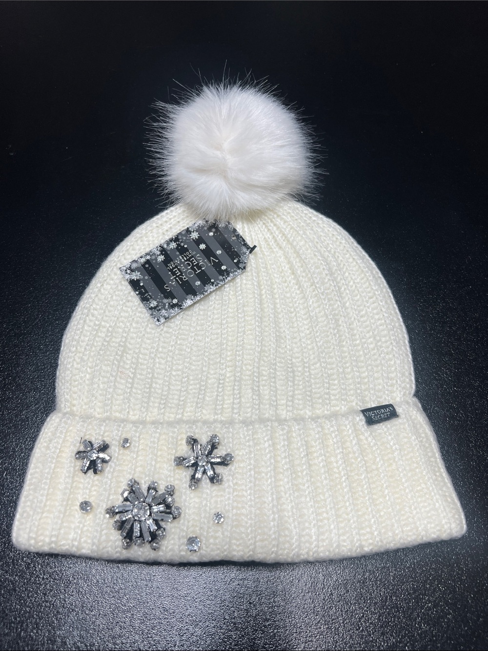 Victoria's Secret White Pom Pom Beanie with Crystal Snowflake Embellishments